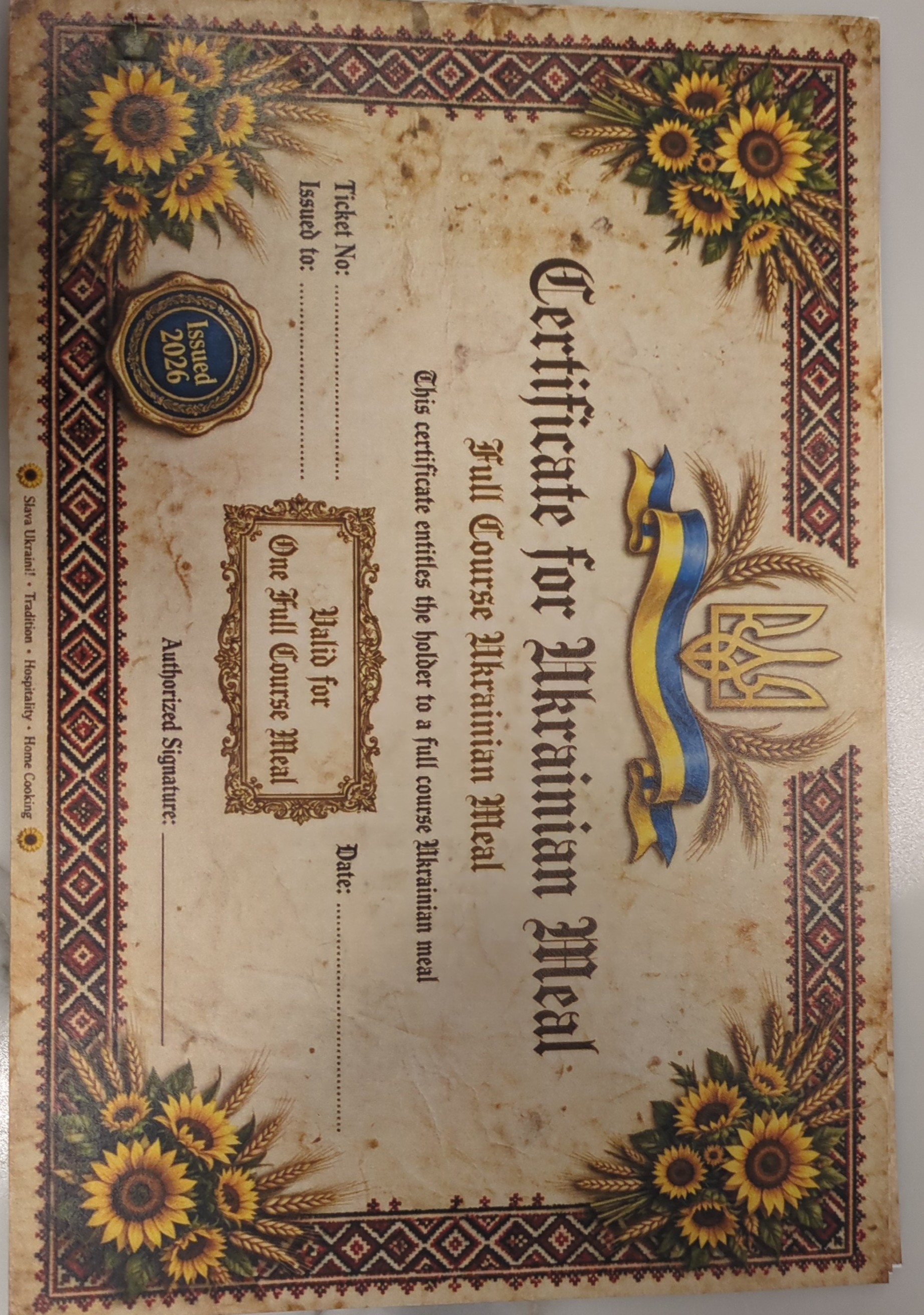 6 meal tickets for Ukrainian meal 